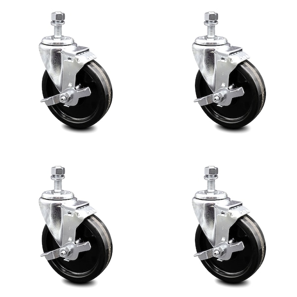 5 Inch Phenolic Wheel Swivel 12mm Threaded Stem Caster Set with Brake SCC